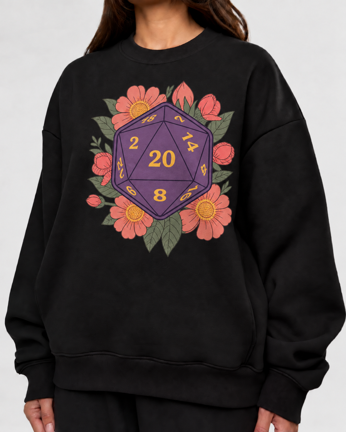 Female model wearing Crits In Bloom - DnD Sweatshirt