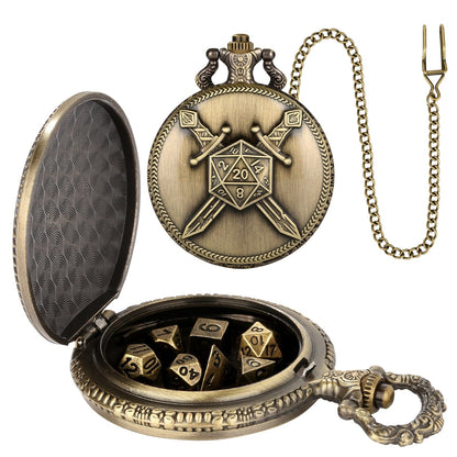 Geloho D20, Dragon Bronze Crossed Swords Pocket Watch Dice Set