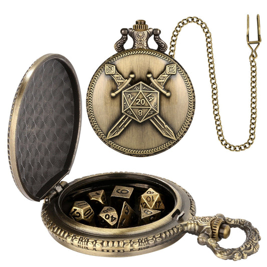 Geloho D20, Dragon Bronze Crossed Swords Pocket Watch Dice Set