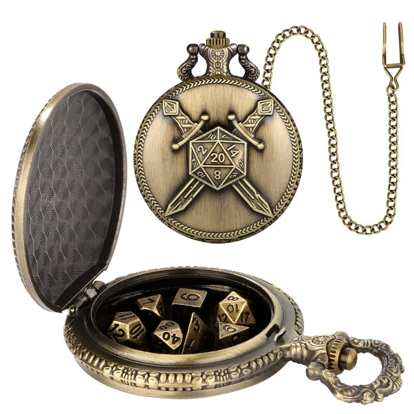 Geloho D20, Dragon Bronze Crossed Swords Pocket Watch Dice Set