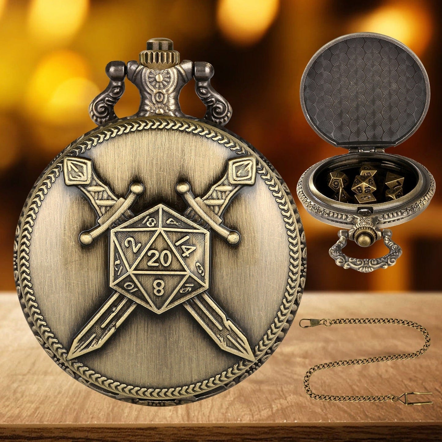 Geloho D20, Dragon Crossed Swords Pocket Watch Dice Set
