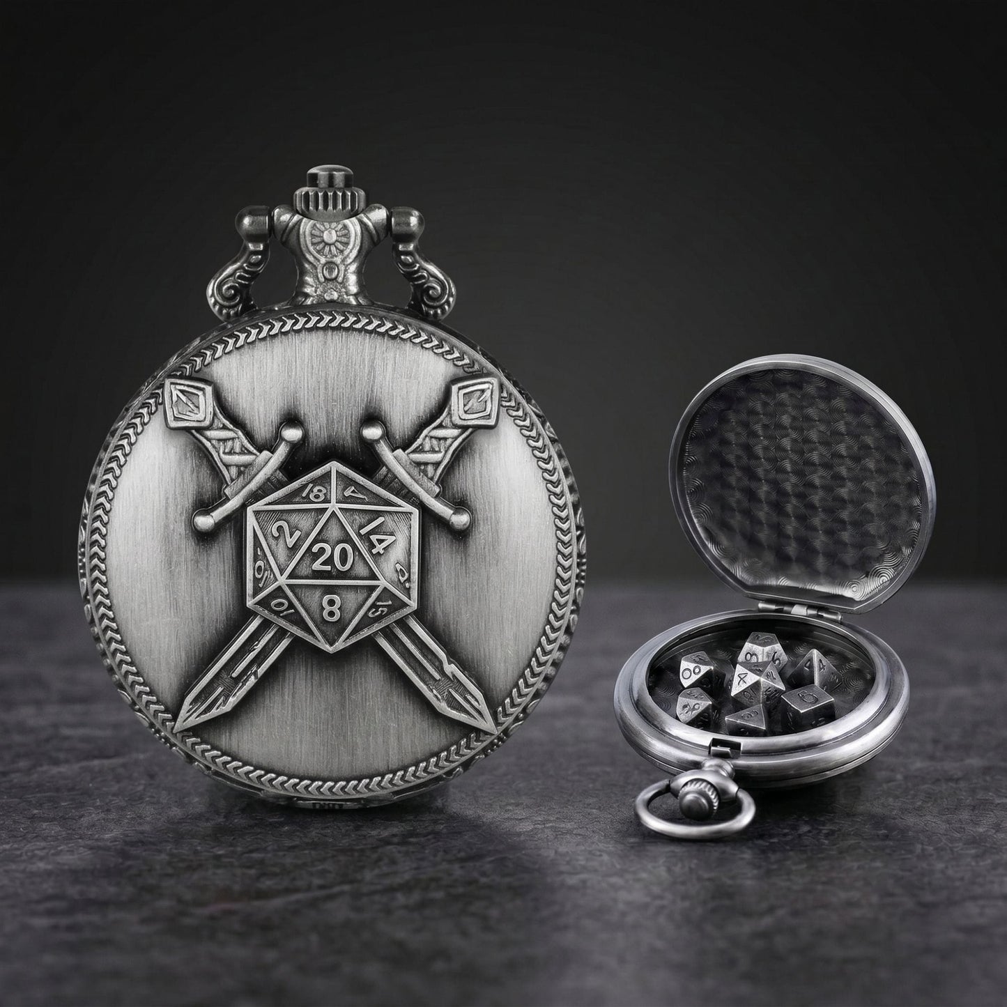 Geloho D20, Dragon Crossed Swords Pocket Watch Dice Set