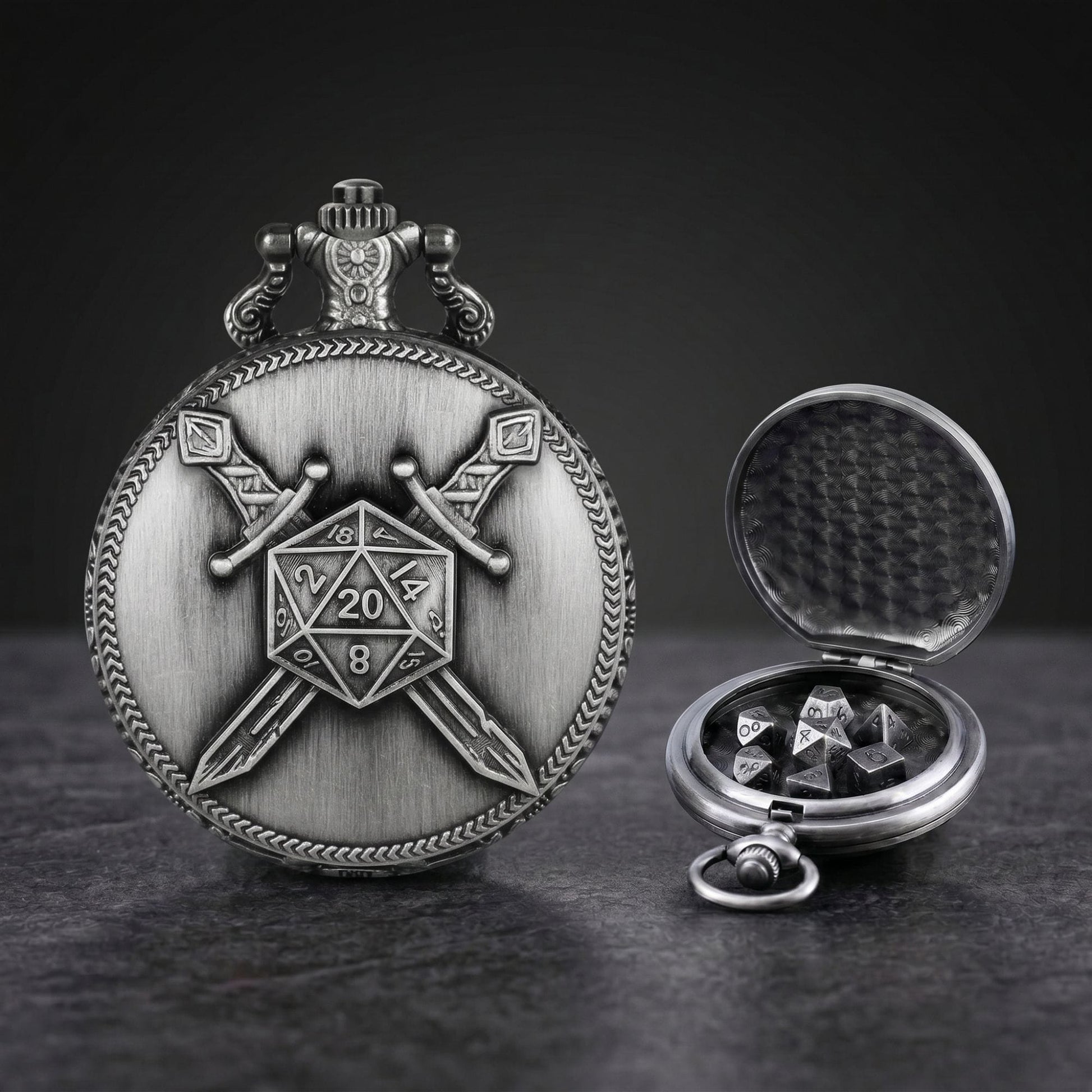 Geloho D20, Dragon Crossed Swords Pocket Watch Dice Set