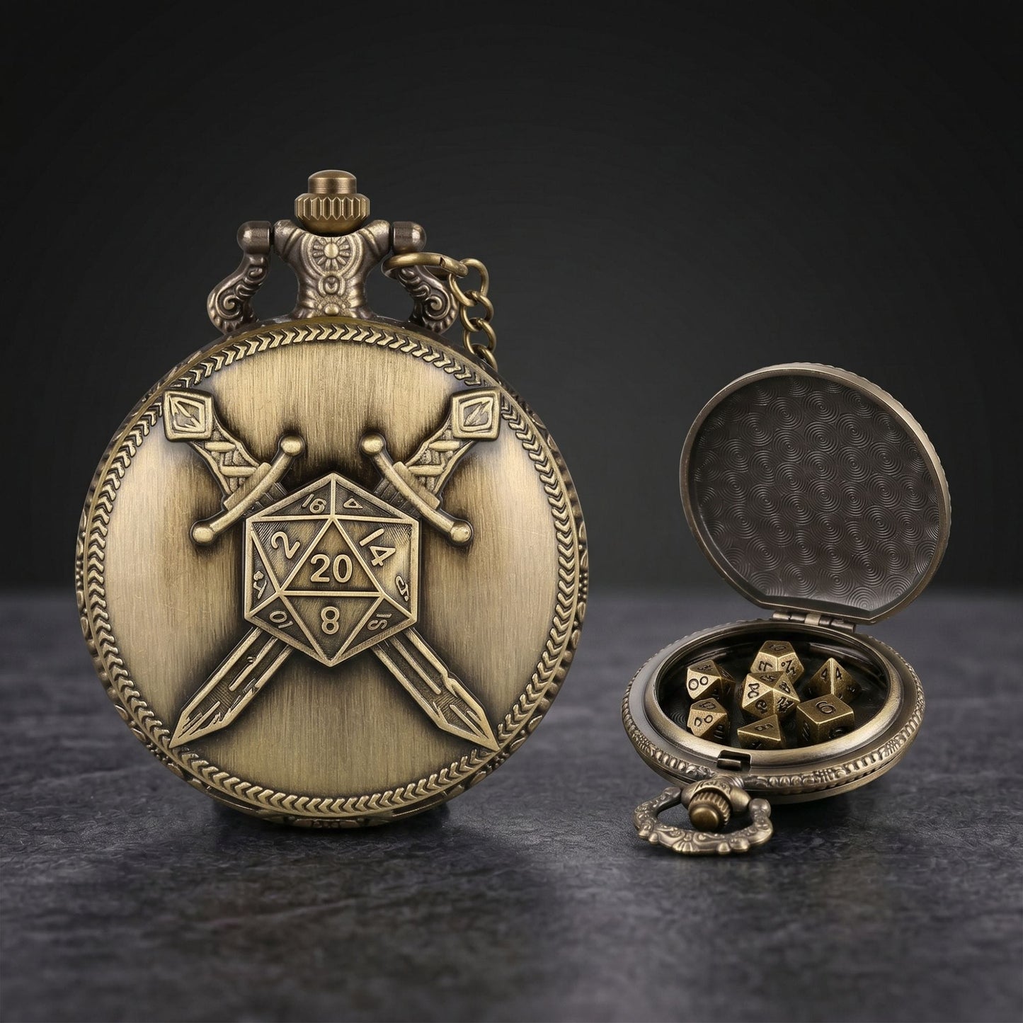 Geloho D20, Dragon Crossed Swords Pocket Watch Dice Set