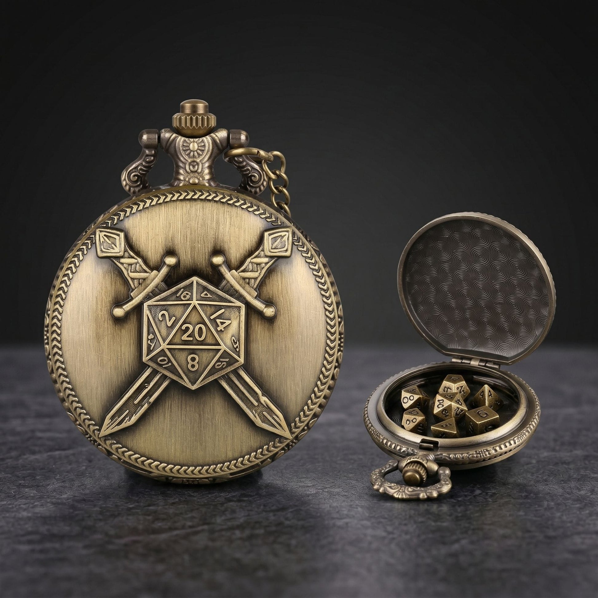 Geloho D20, Dragon Crossed Swords Pocket Watch Dice Set