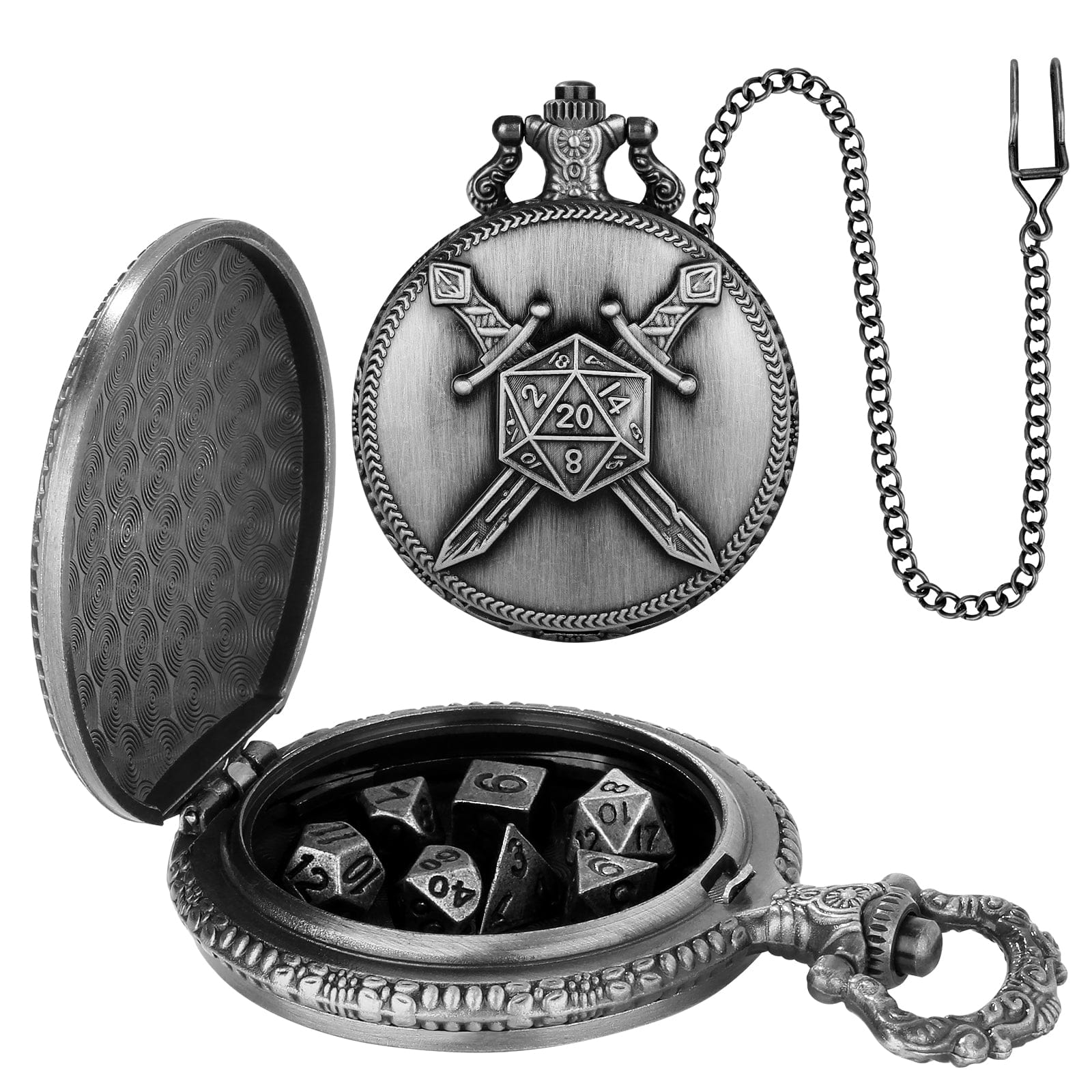 Geloho D20, Dragon Silver Crossed Swords Pocket Watch Dice Set