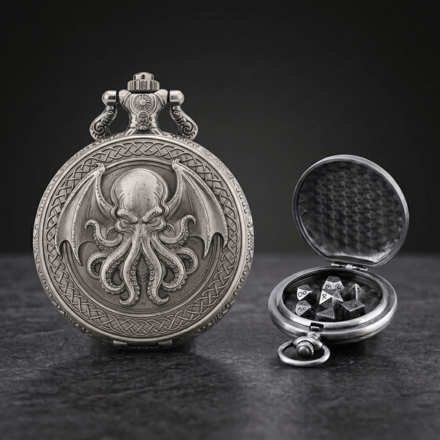 Geloho Silver Cthulhu Pocket Watch Dice Set