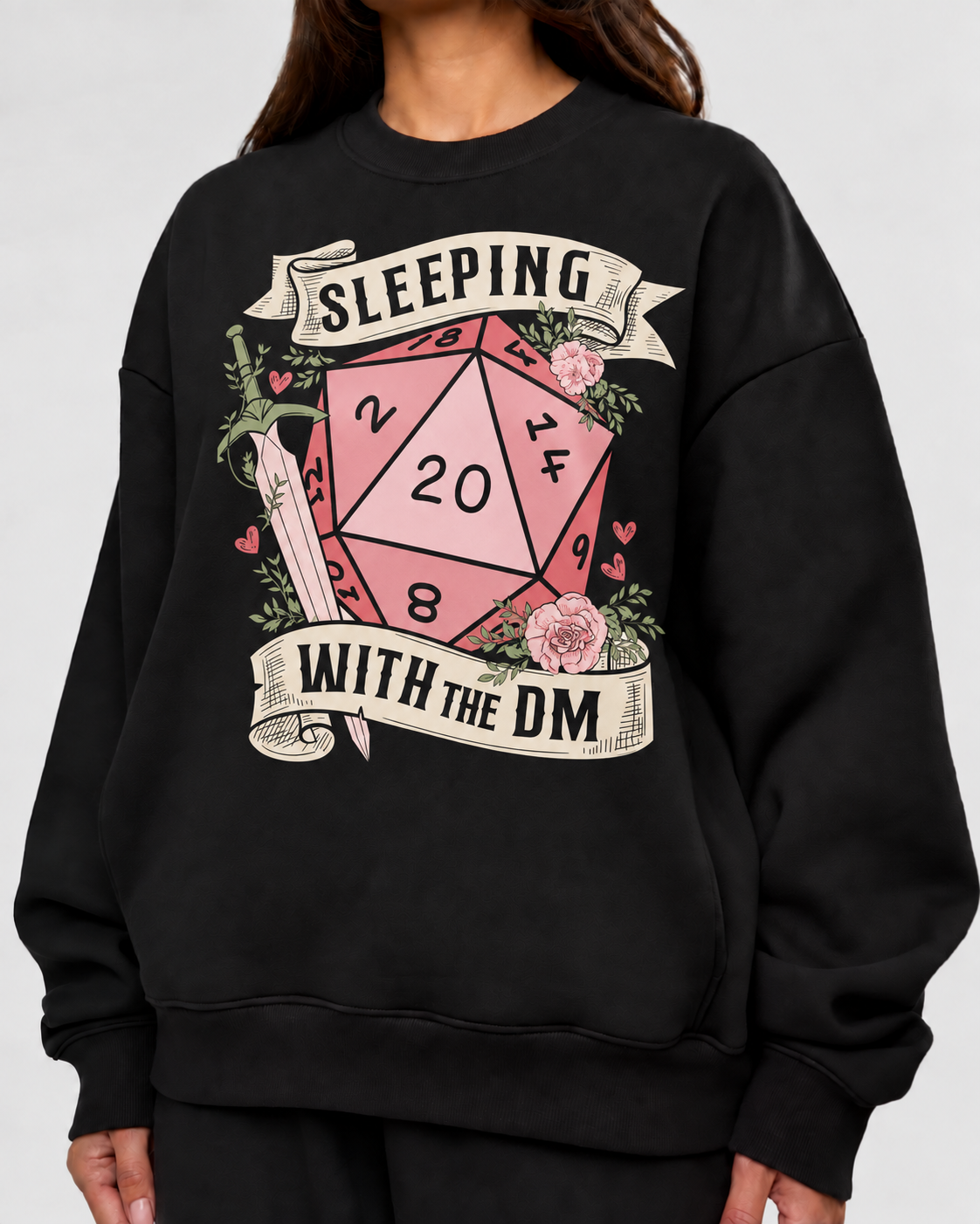 Female model wearing Dating The DM - DnD Sweatshirt