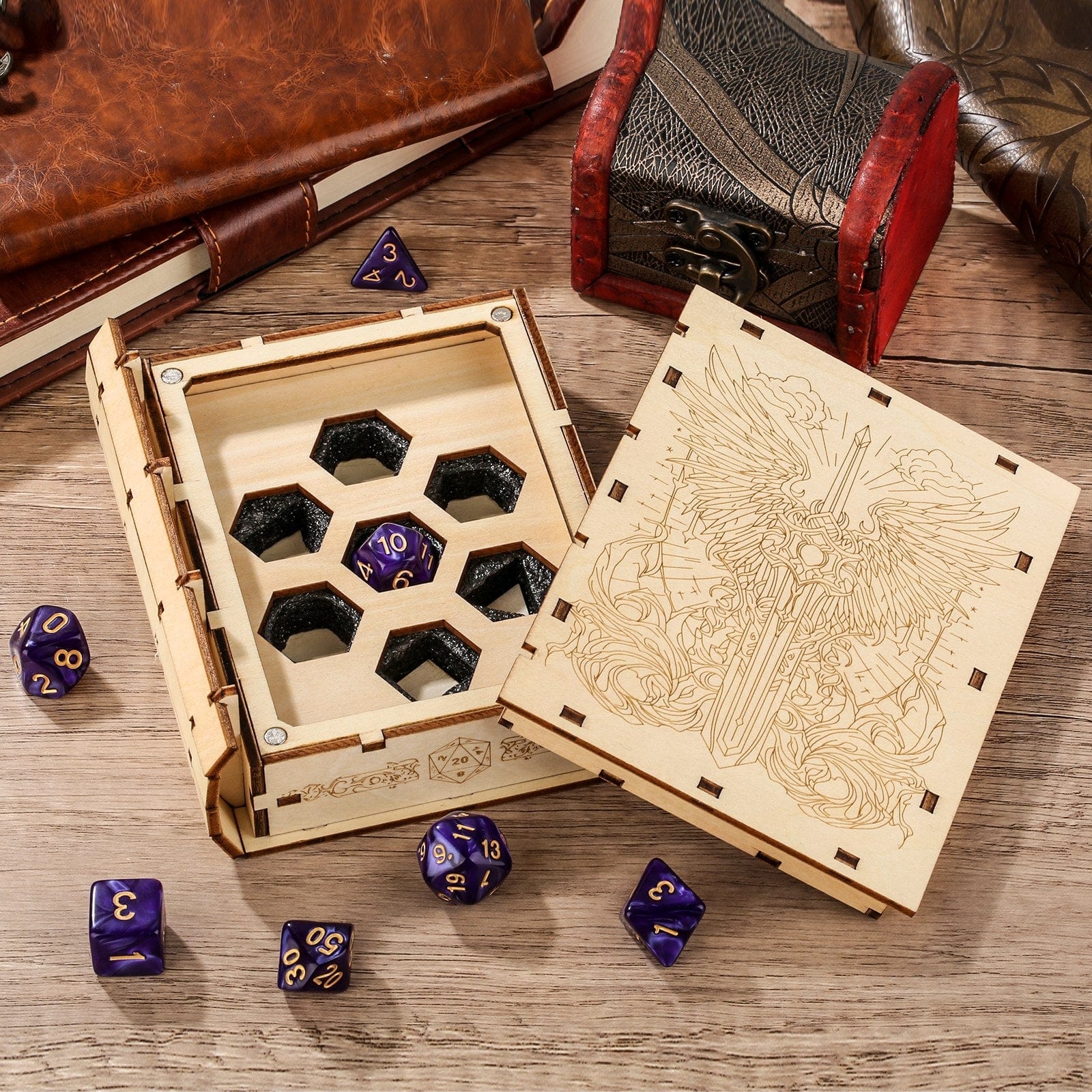 Geloho Divine Sword Dice Spellbook Wooden DnD Dice Case with Angelic Blade Engraving