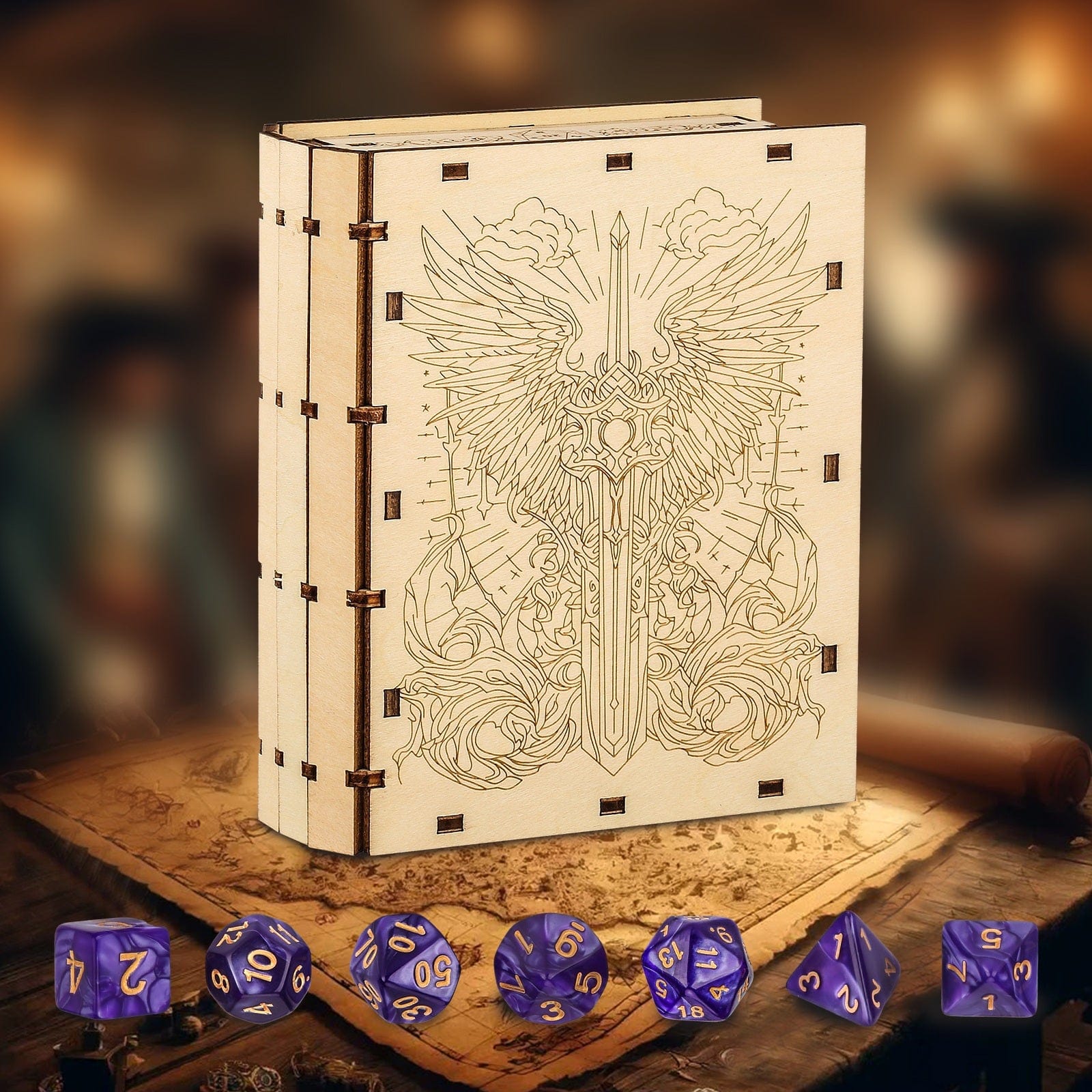 Geloho Divine Sword Dice Spellbook Wooden DnD Dice Case with Angelic Blade Engraving
