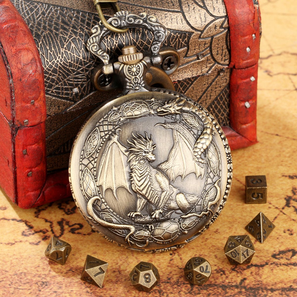 Dnd Stylewatch Mini Metal DND Dice Set with Dragon Crest Pocket Watch Shell Case ...