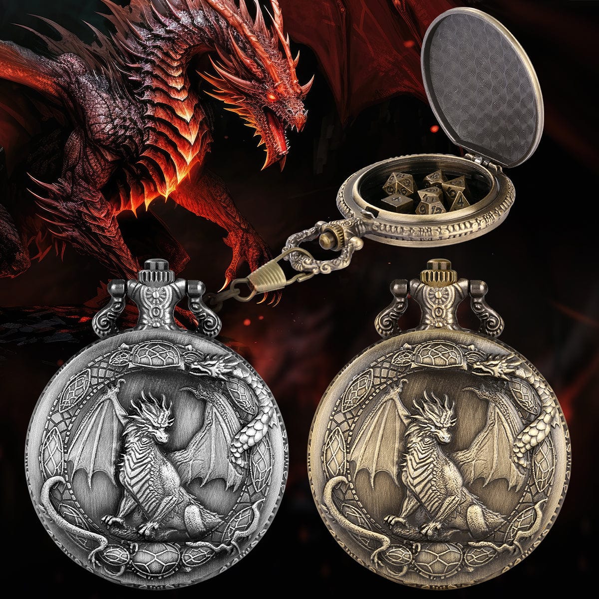 Ensemble de mini dés D&D avec étui de montre de poche en bronze Steampunk Dragon Hirondelle, sac à dés DND, 7 dés polyédriques, ensemble de démarrage Ensemble de mini dés D&D avec étui de montre de poche en bronze Steampunk Dragon Hirondelle, sac à dés DND, 7 dés polyédriques, ensemble de démarrage