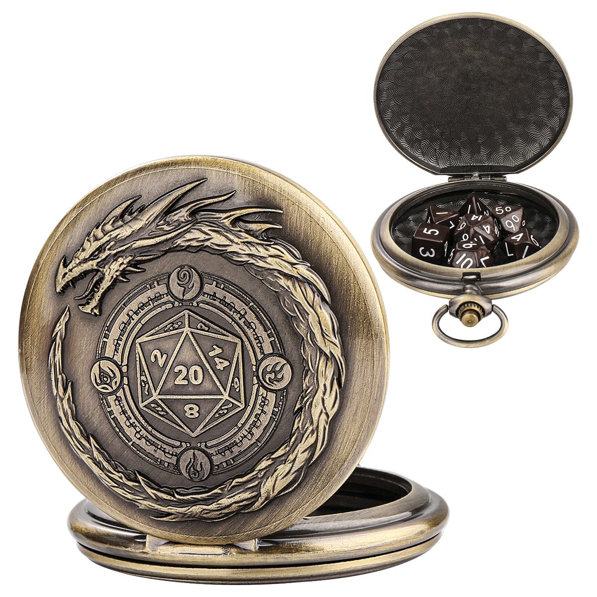 Geloho Bronze Dragon & D20 Pocket Watch Dice Set