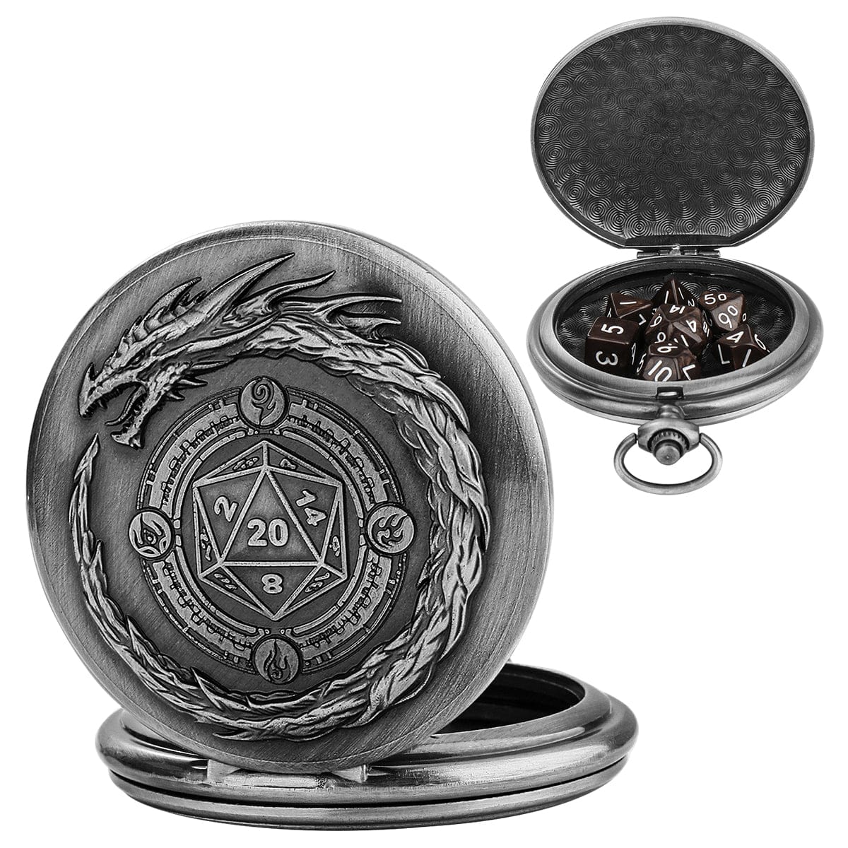Geloho Silver Dragon & D20 Pocket Watch Dice Set