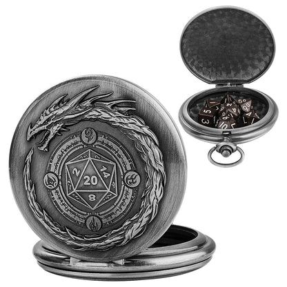 Geloho Silver Dragon & D20 Pocket Watch Dice Set