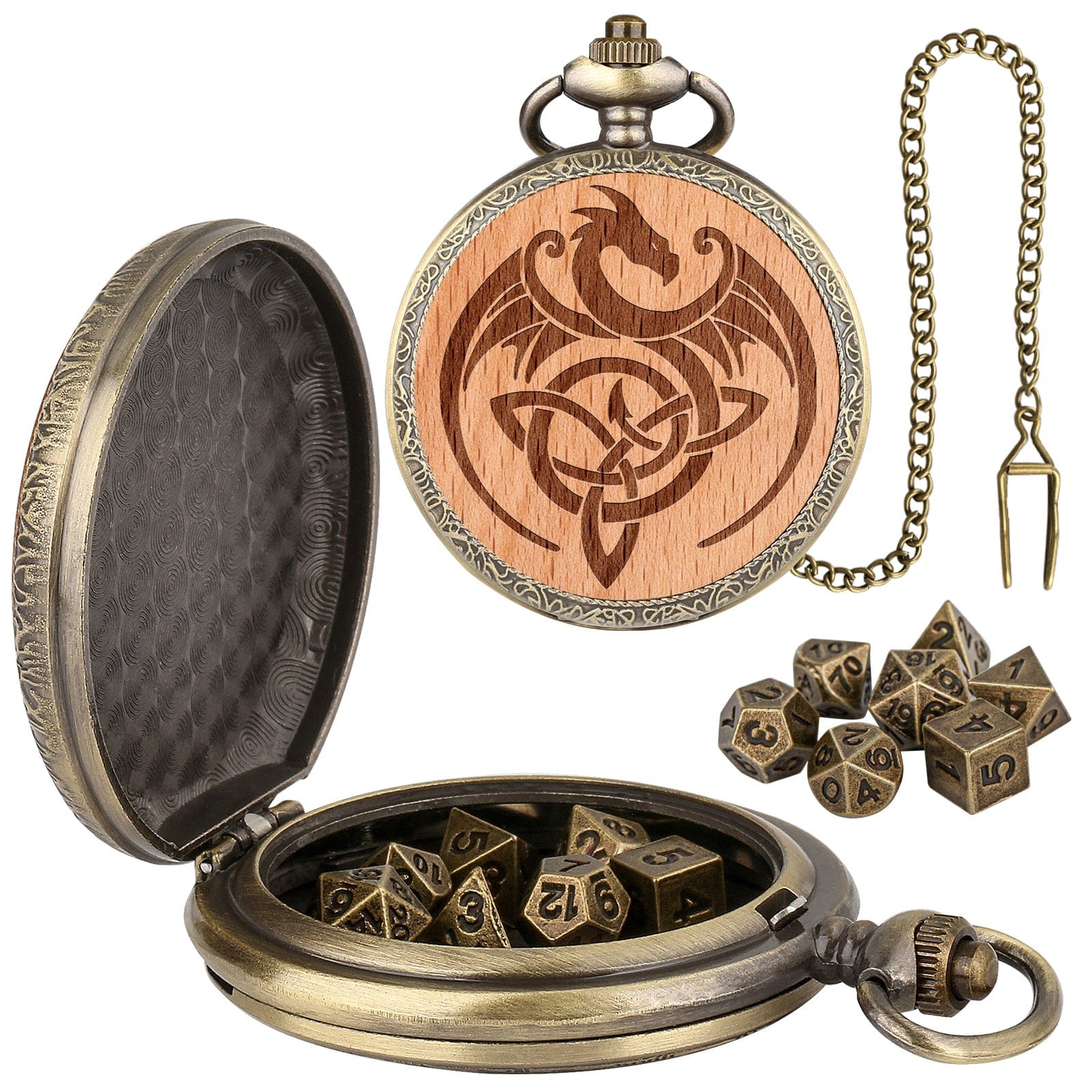 Geloho D20, Dragon Bronze Dragon Engraved Pocket Watch Dice Set