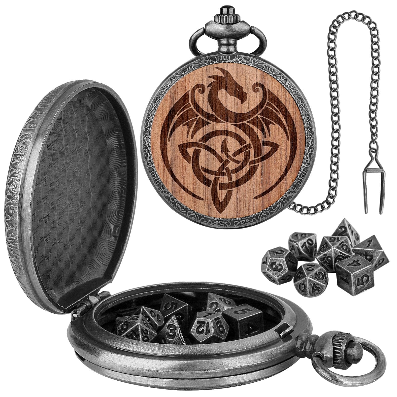Geloho D20, Dragon Silver Dragon Engraved Pocket Watch Dice Set