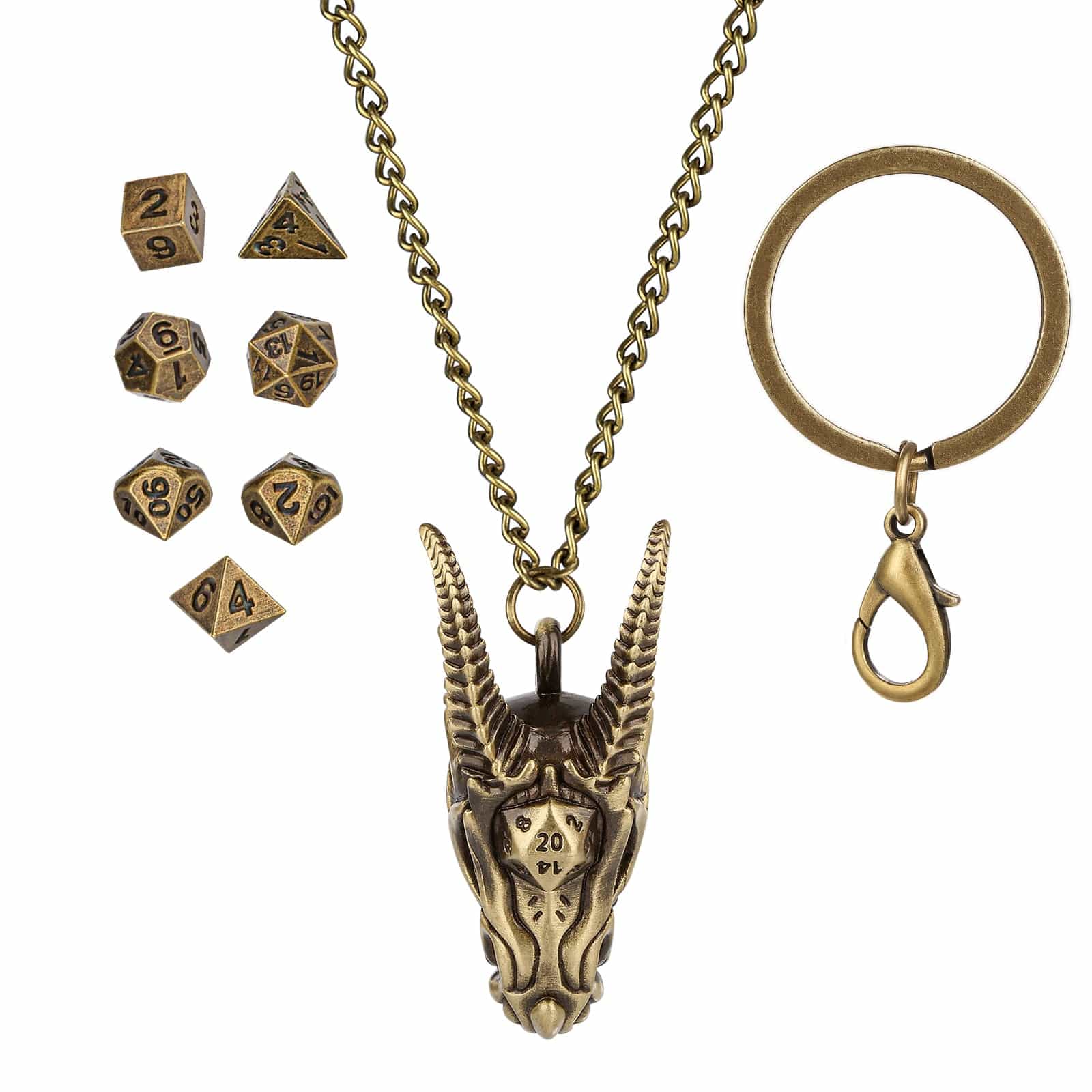 Geloho Bronze Dragon Skull Mini Dice Set Necklace & Keychain Set