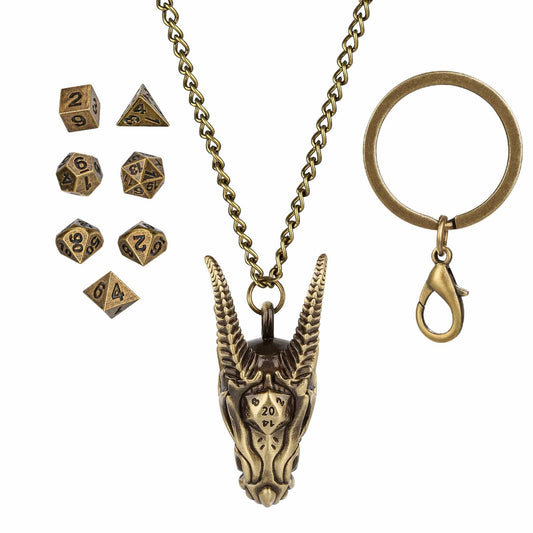 Geloho Bronze Dragon Skull Mini Dice Set Necklace & Keychain Set