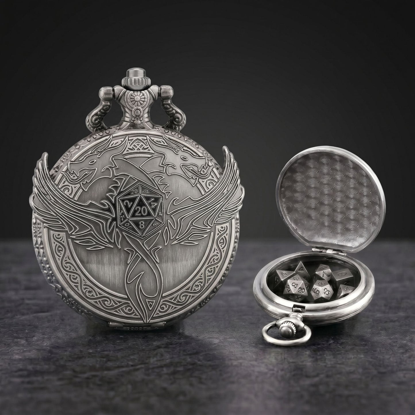 Geloho Silver Dragon Wing Pocket Watch Dice Set