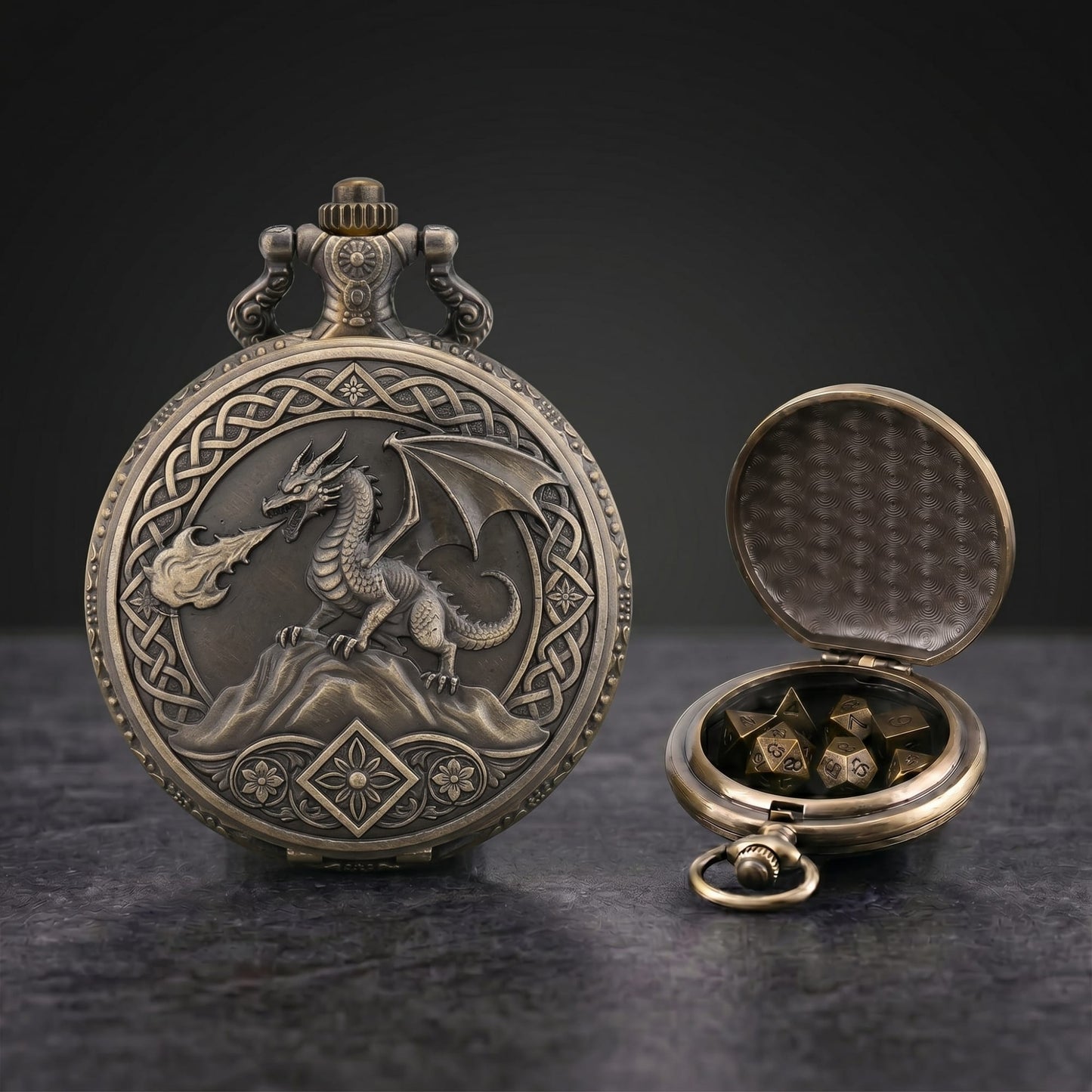 Geloho Bronze Dragonfire Fatekeeper Pocket Watch Dice Set