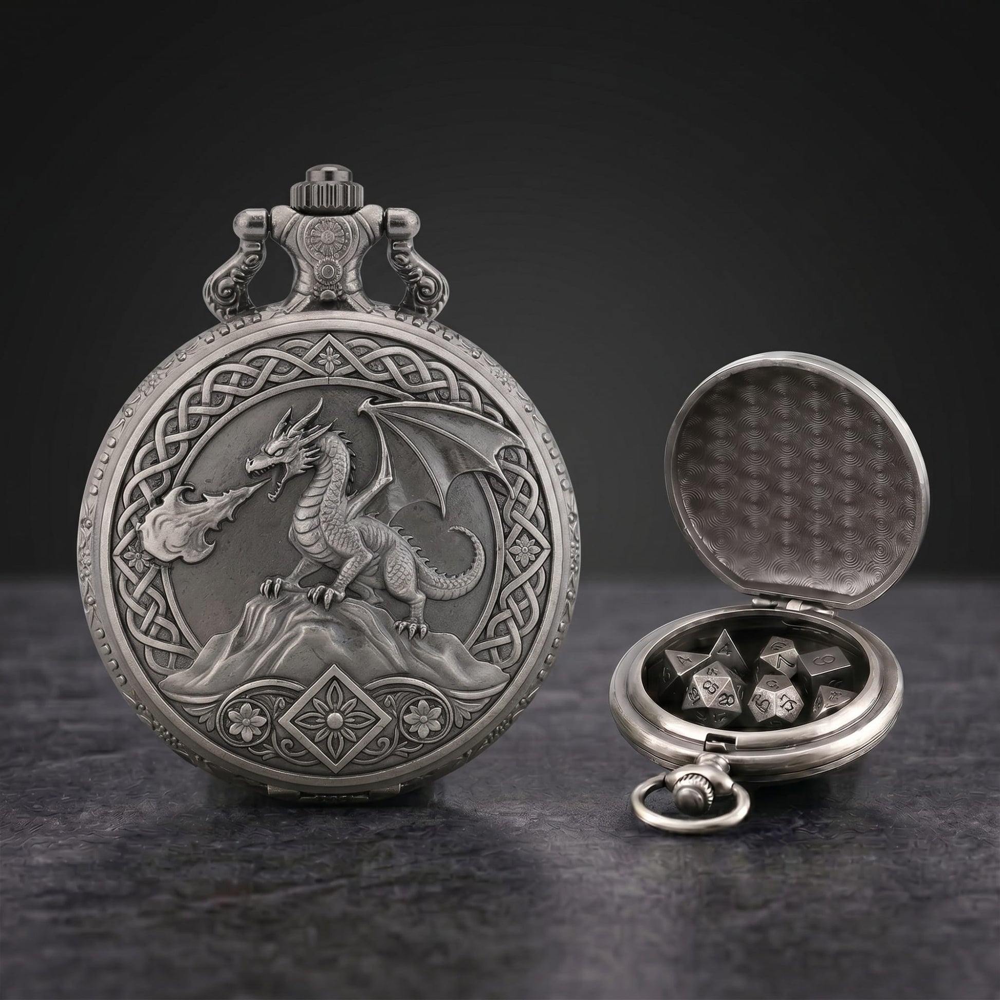 Geloho Silver Dragonfire Fatekeeper Pocket Watch Dice Set