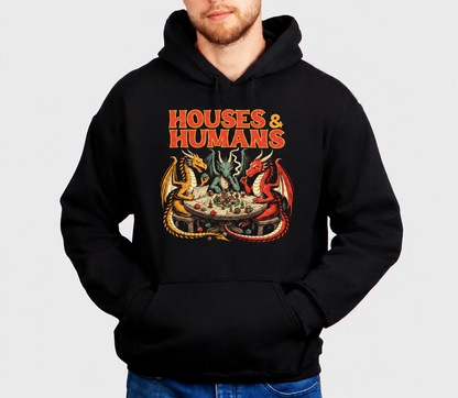 Funny dragon tabletop RPG hoodie on male model