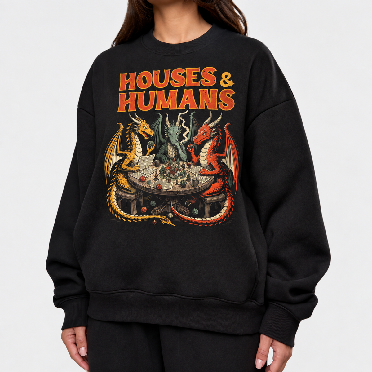 Female model wearing Dragons Play Humans black DnD sweatshirt
