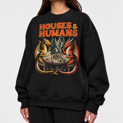 Female model wearing Dragons Play Humans black DnD sweatshirt