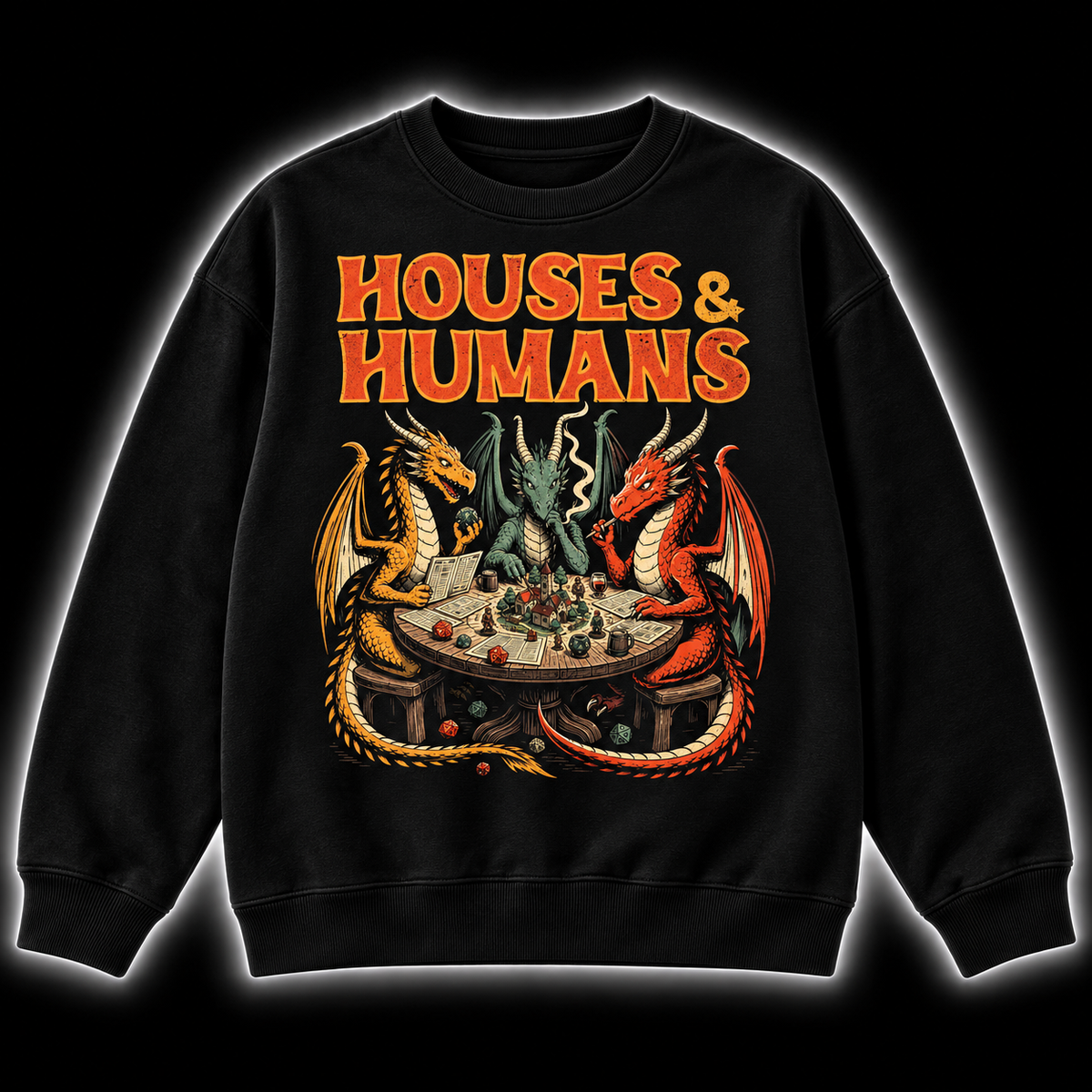 Dragons Play Humans black DnD sweatshirt front product view