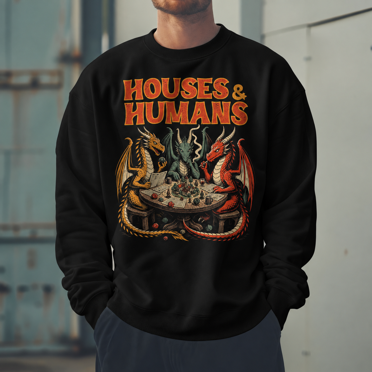 Male model wearing Dragons Play Humans black DnD sweatshirt
