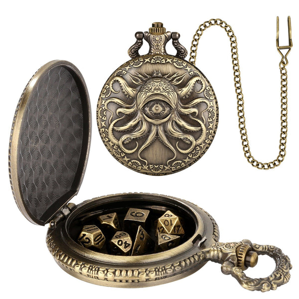 Geloho D20, Dragon Bronze Eldritch Eye Pocket Watch Dice Set