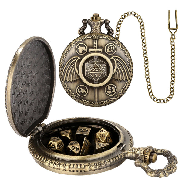 Geloho D20, Dragon Elemental Sword & Wings Pocket Watch Dice Set