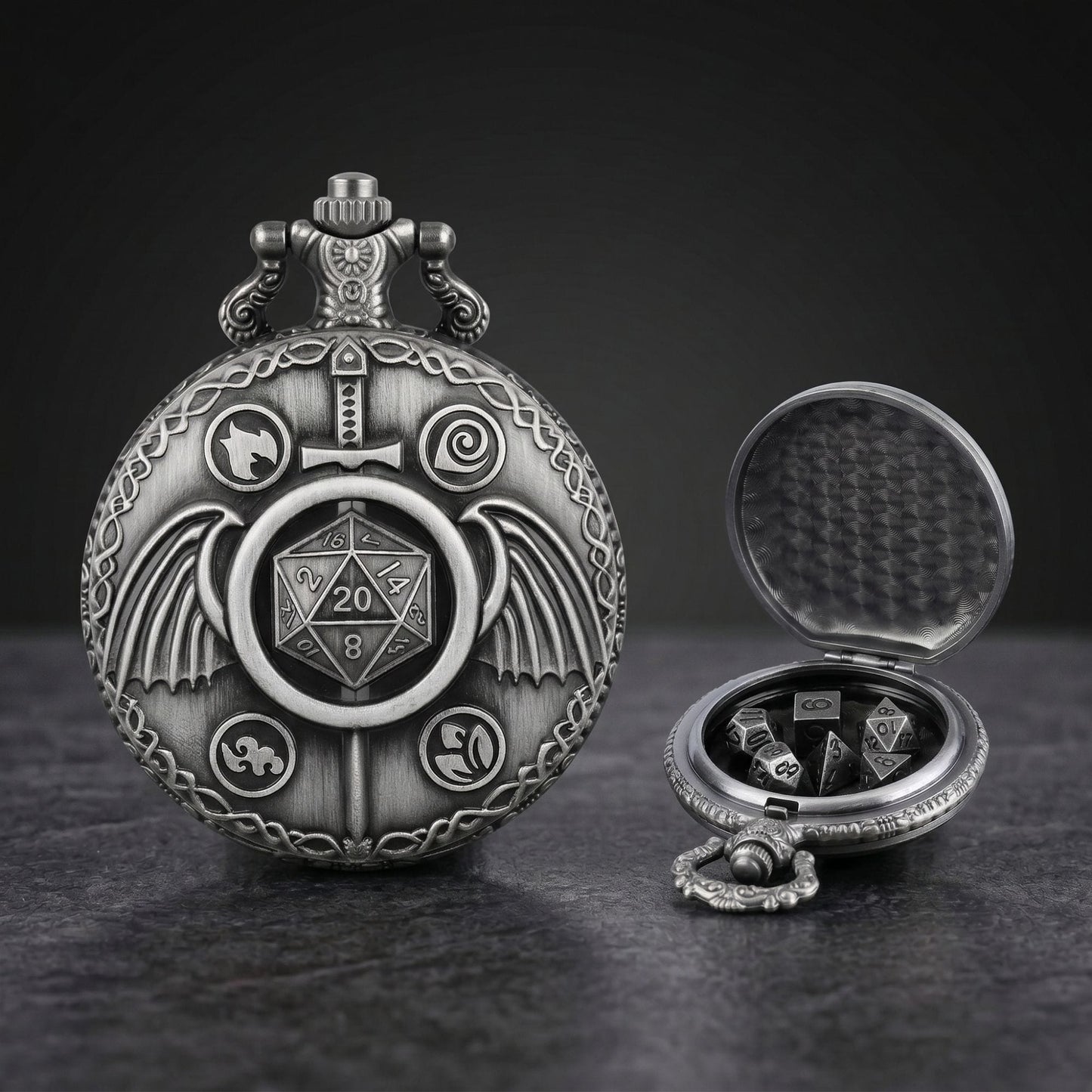 Geloho D20, Dragon Elemental Sword & Wings Pocket Watch Dice Set