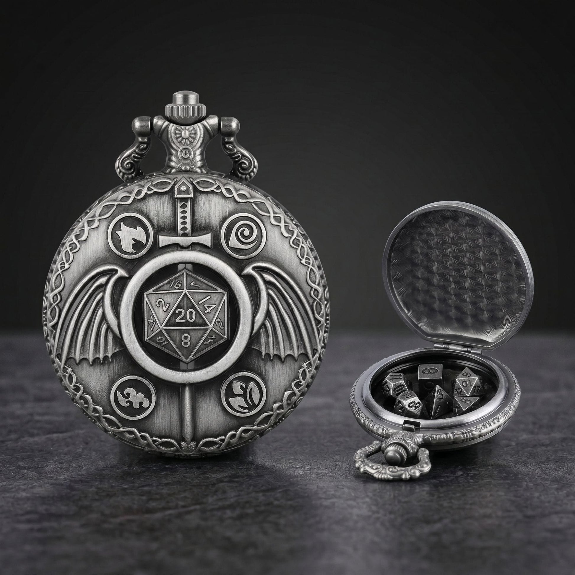 Geloho D20, Dragon Elemental Sword & Wings Pocket Watch Dice Set