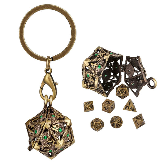 Geloho Bronze Emerald Key — D20 Dice Locket Mini Dice Set Keychain