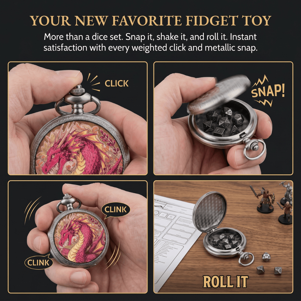 Geloho D20, Dragon Silver Ethereal Rose Dragon Floral Pocket Watch Dice Set