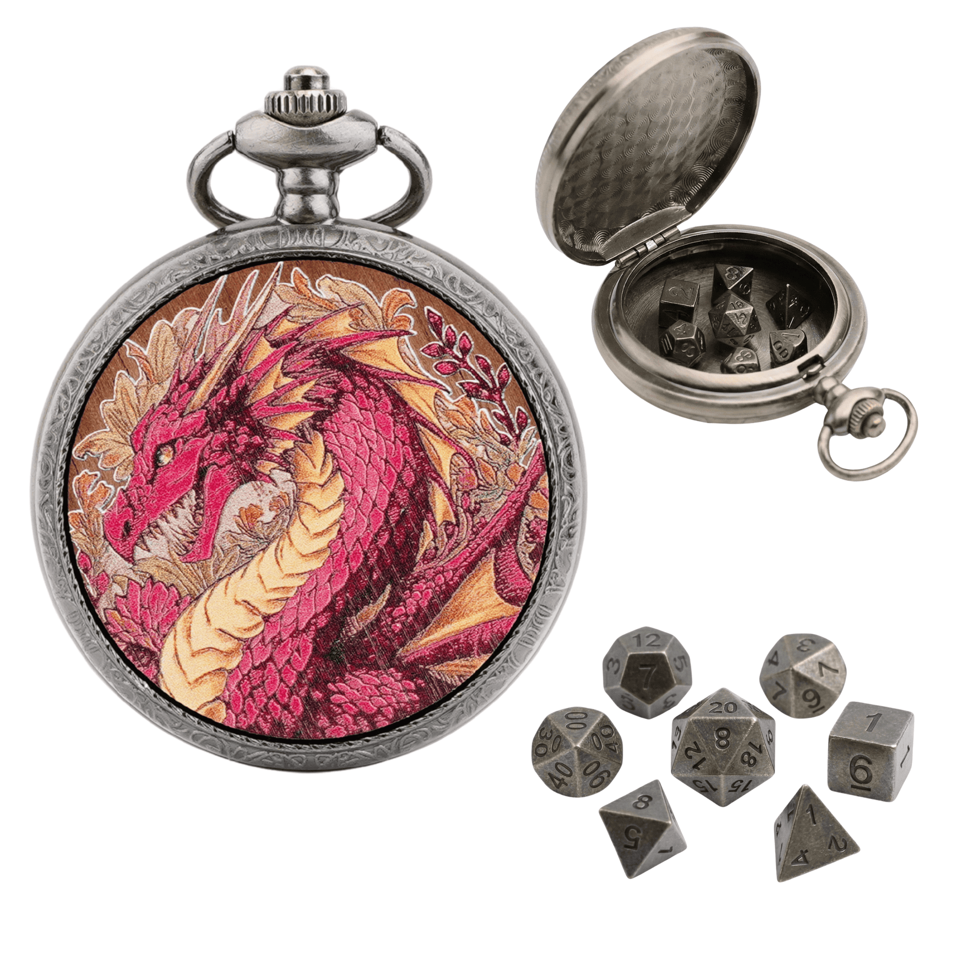 Geloho D20, Dragon Silver Ethereal Rose Dragon Floral Pocket Watch Dice Set