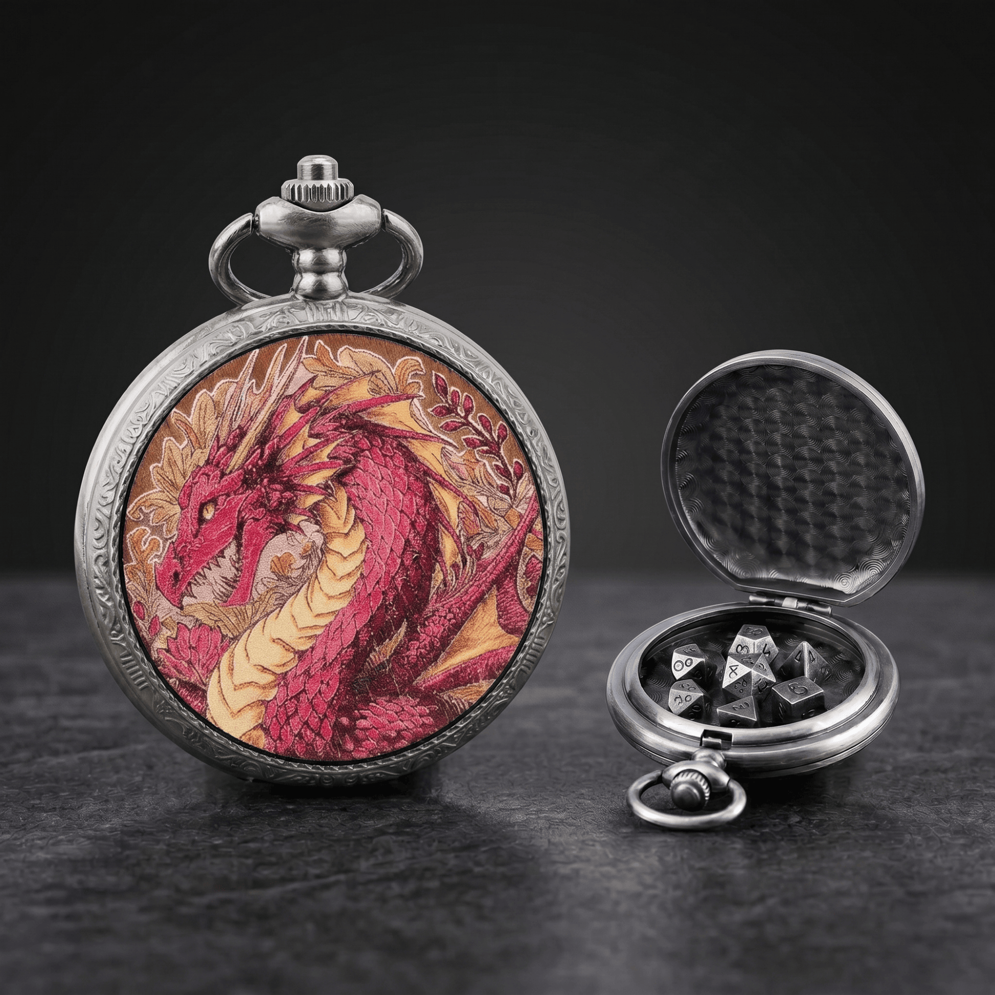 Geloho D20, Dragon Silver Ethereal Rose Dragon Floral Pocket Watch Dice Set
