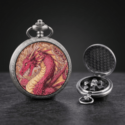 Geloho D20, Dragon Silver Ethereal Rose Dragon Floral Pocket Watch Dice Set