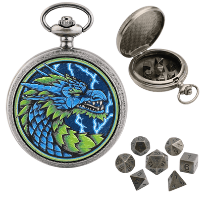Geloho D20, Dragon Silver Exotic Emerald Scale Dragon Pocket Watch Dice Set