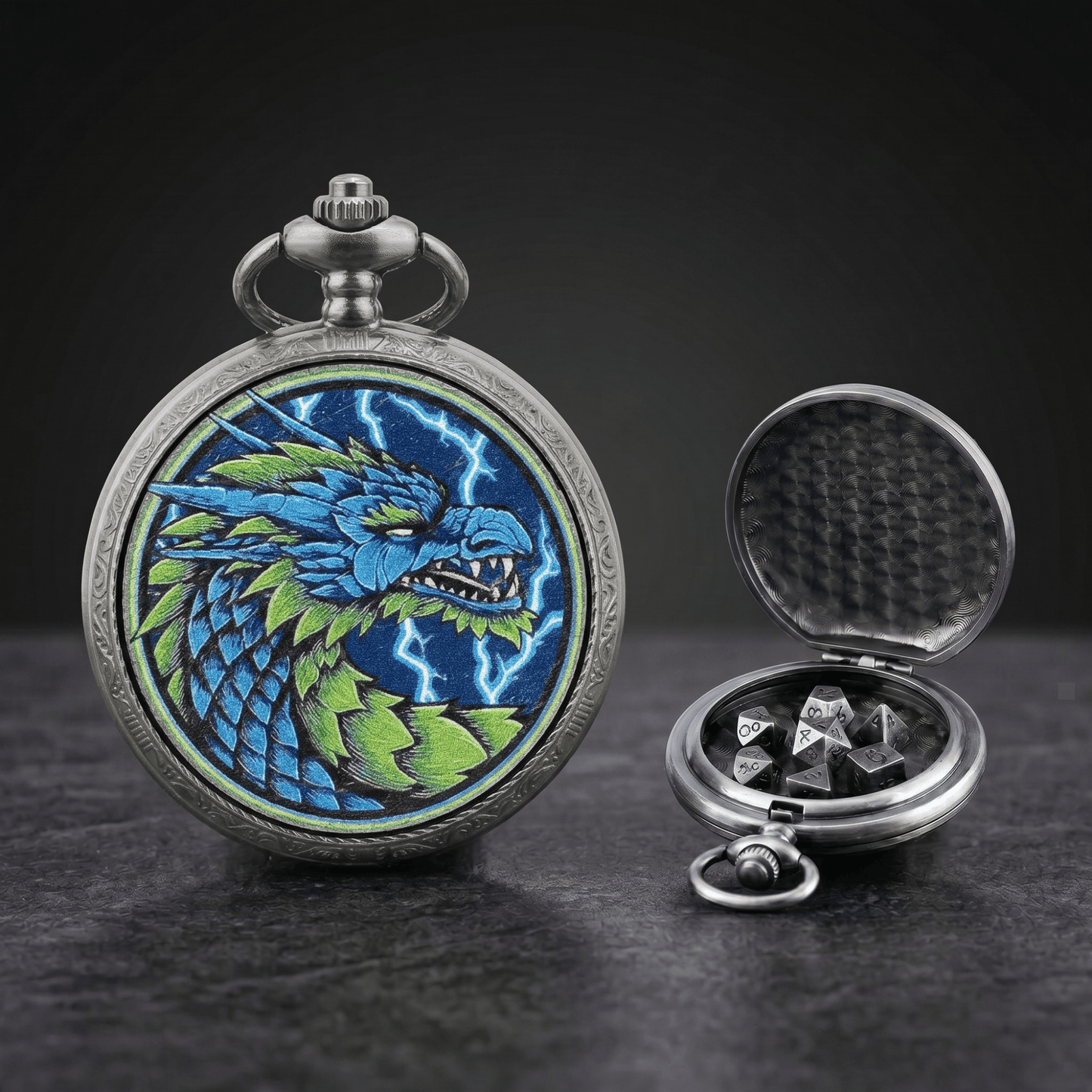 Geloho D20, Dragon Silver Exotic Emerald Scale Dragon Pocket Watch Dice Set