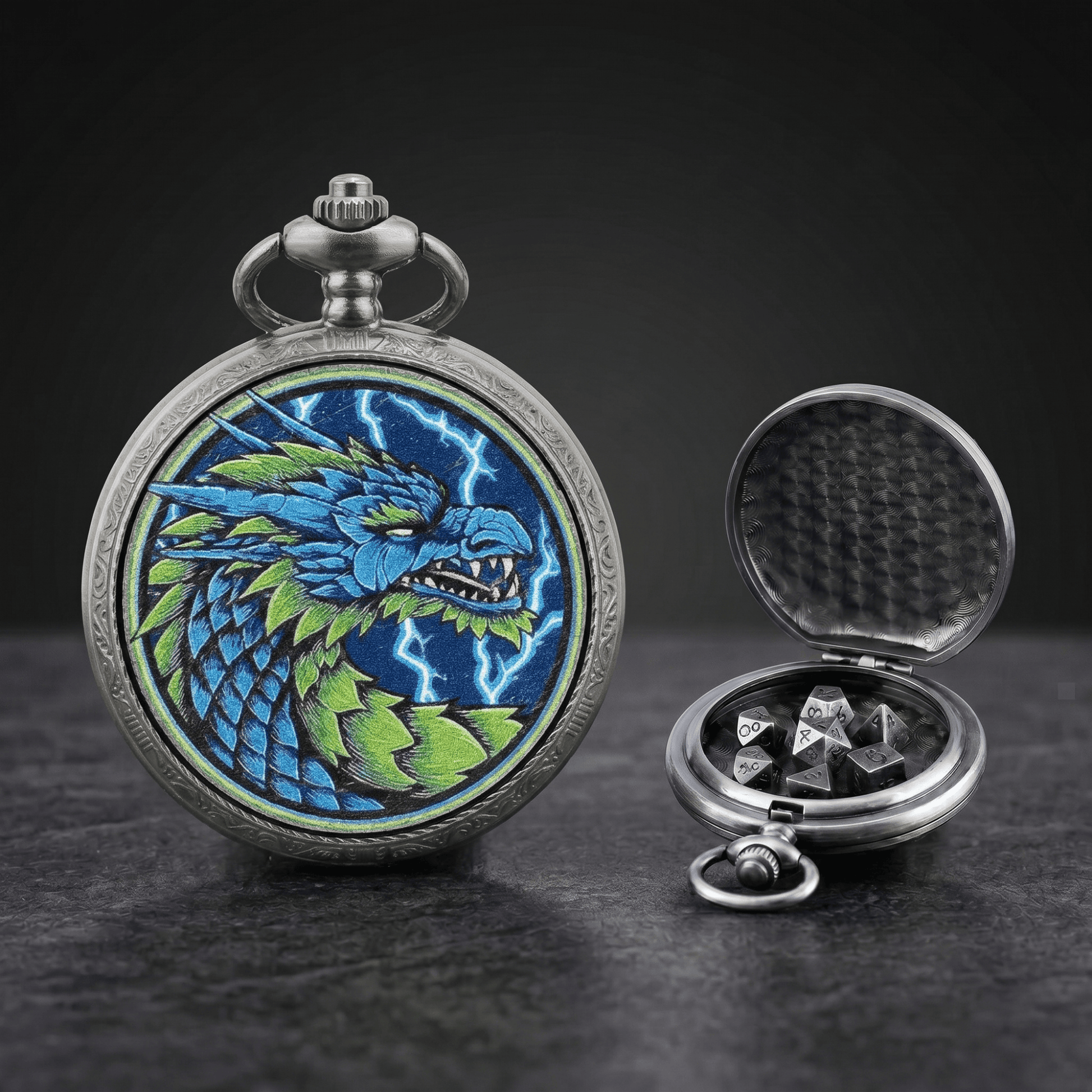 Geloho D20, Dragon Silver Exotic Emerald Scale Dragon Pocket Watch Dice Set