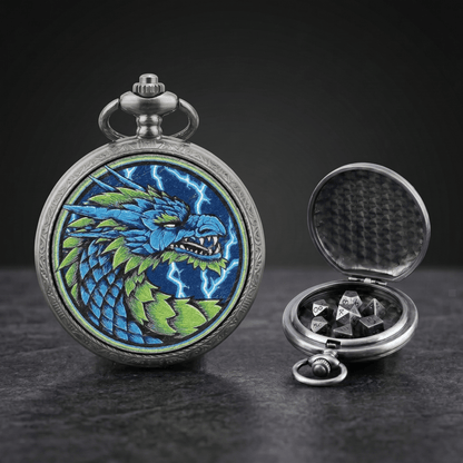 Geloho D20, Dragon Silver Exotic Emerald Scale Dragon Pocket Watch Dice Set