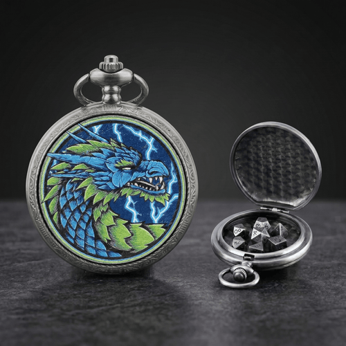 Geloho D20, Dragon Silver Exotic Emerald Scale Dragon Pocket Watch Dice Set