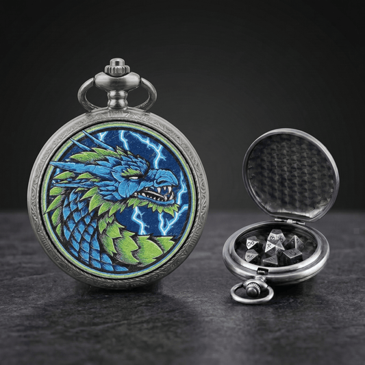 Geloho D20, Dragon Silver Exotic Emerald Scale Dragon Pocket Watch Dice Set