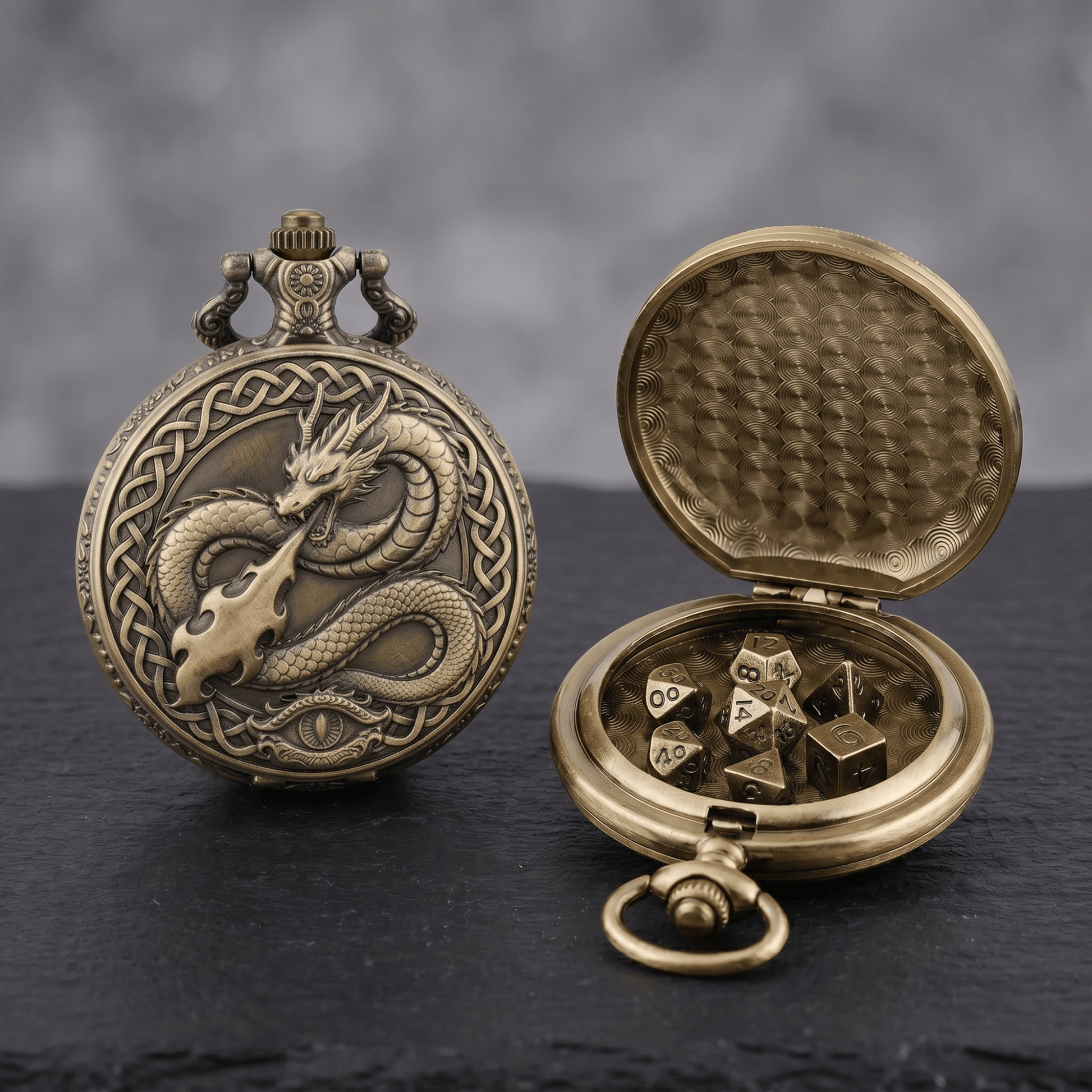 Geloho Bronze Fire Dragon Pocket Watch Dice Set