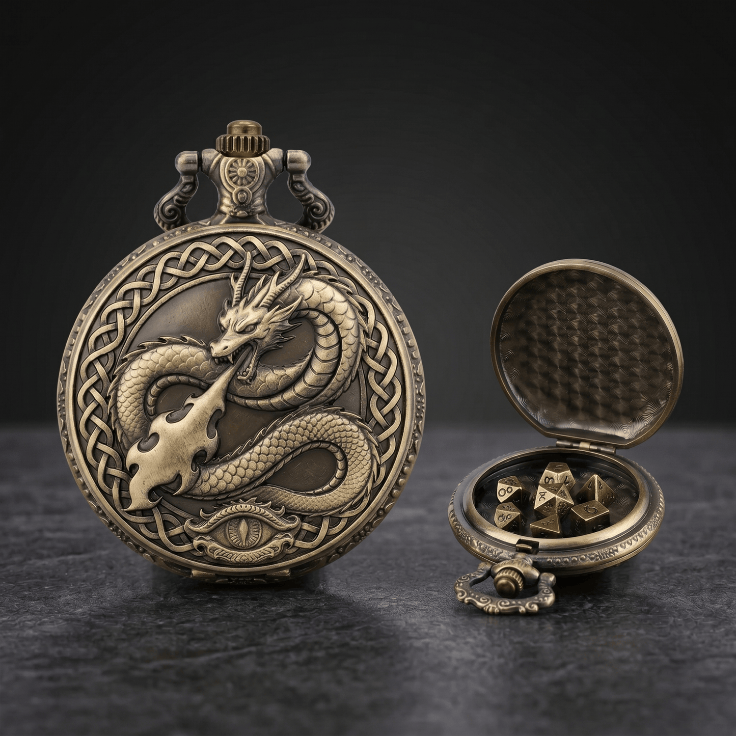 Geloho Bronze Fire Dragon Pocket Watch Dice Set