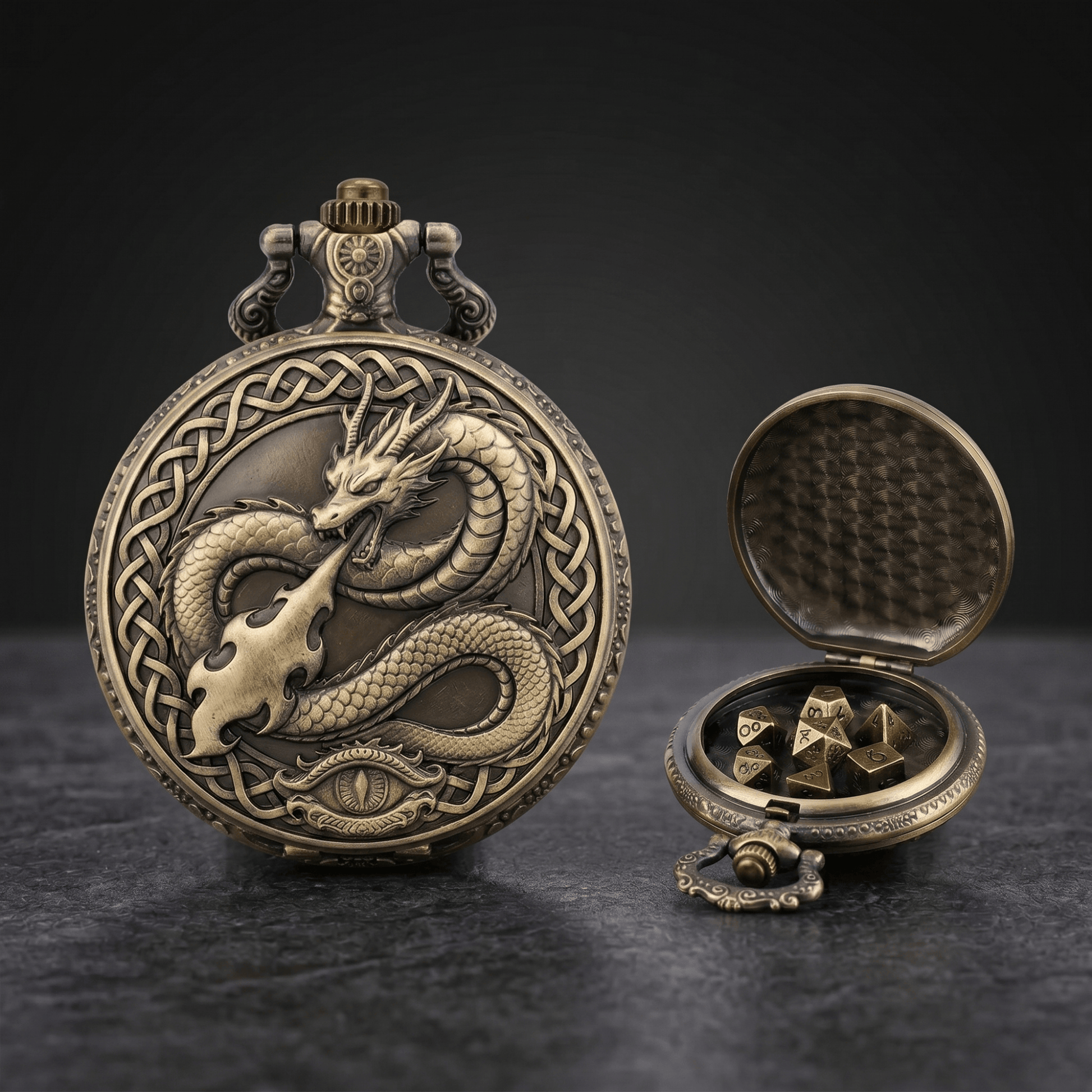 Geloho Bronze Fire Dragon Pocket Watch Dice Set