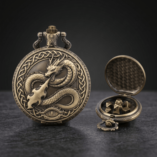 Geloho Bronze Fire Dragon Pocket Watch Dice Set